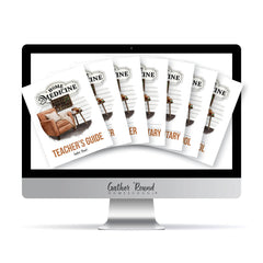 A computer monitor displays a fan of booklets titled 'Home Medicine Teacher's Guide' against a white background. The monitor has 'Gather Round Homeschool' printed on the front, and the booklets feature a white cover with an illustration of an armchair.