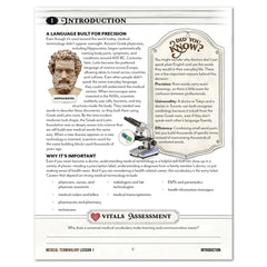 An educational worksheet page titled 'Introduction' about medical terminology, featuring text sections, a small illustration of a microscope, and a 'Vitals Assessment' question at the bottom.