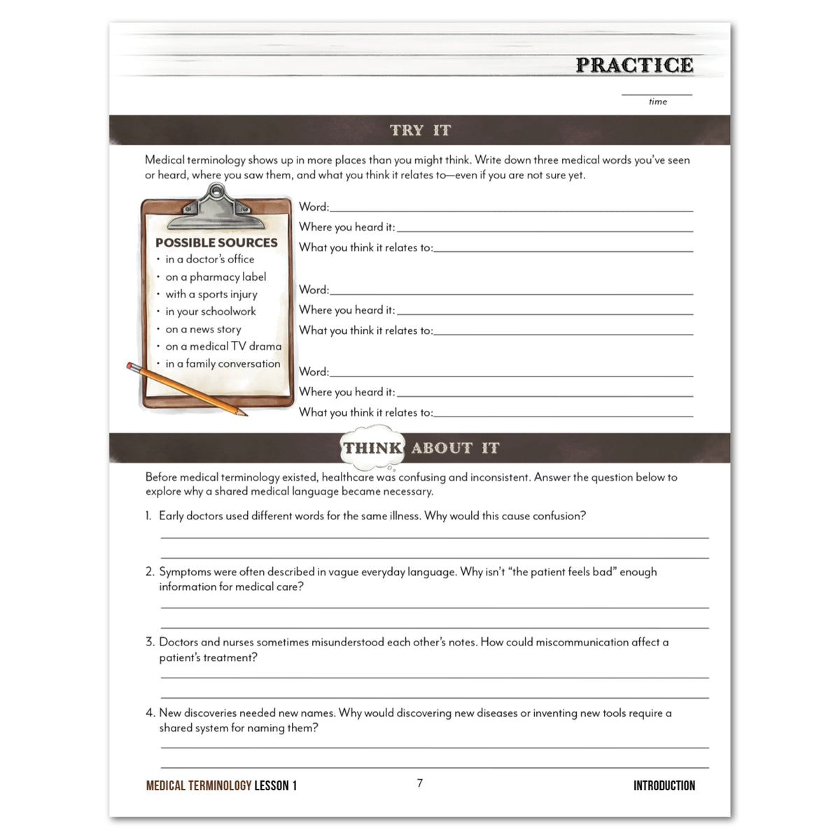 Educational sheet about where medical terminology is used.