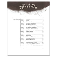 A table of contents page. The top has a dark brown watercolor-style header with the title 'TABLE OF CONTENTS' in large white script.