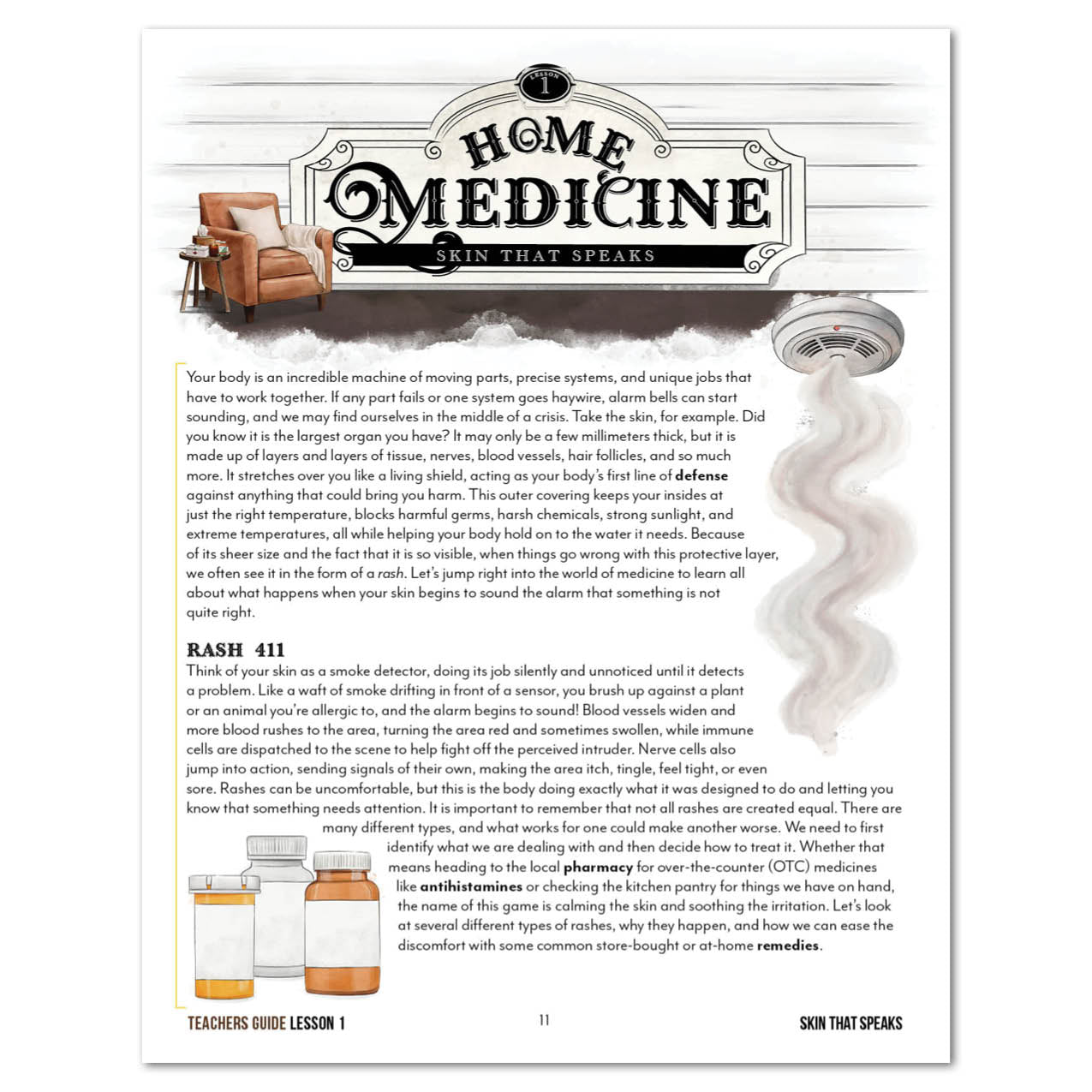 An educational page titled 'Home Medicine: Skin That Speaks' with decorative typography, blocks of text, and illustrations of medicine bottles.