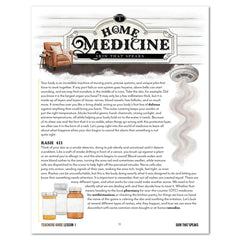 An educational page titled 'Home Medicine: Skin That Speaks' with decorative typography, blocks of text, and illustrations of medicine bottles.