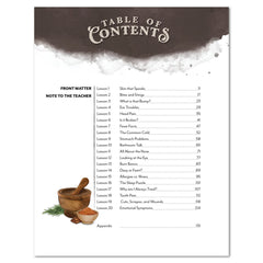 Table of contents page with a rustic design. The top features a dark brown textured banner with the words 'TABLE OF CONTENTS' in a white decorative font, set against a white watercolor wash.