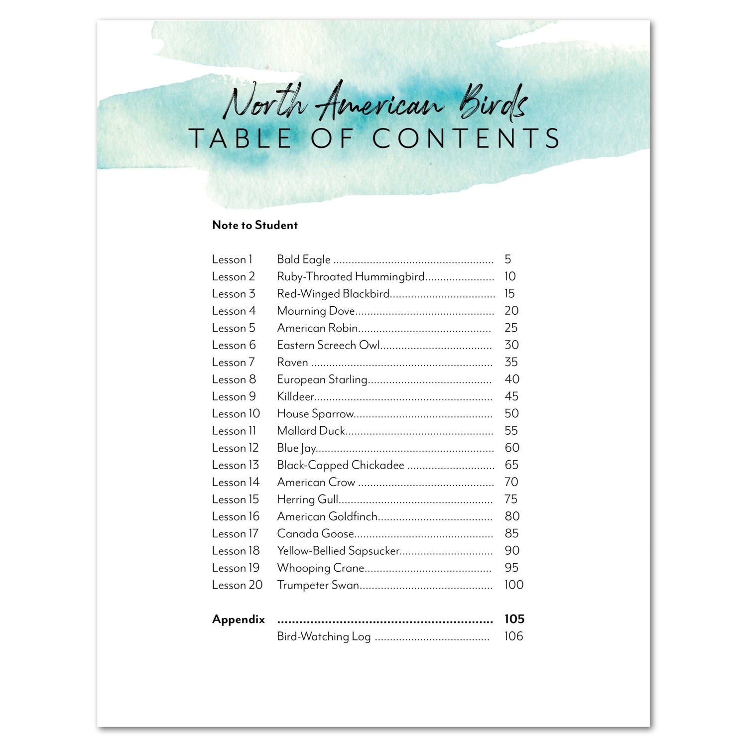 North America Birds part 1 homeschool unit study printed teacher's guide table of contents