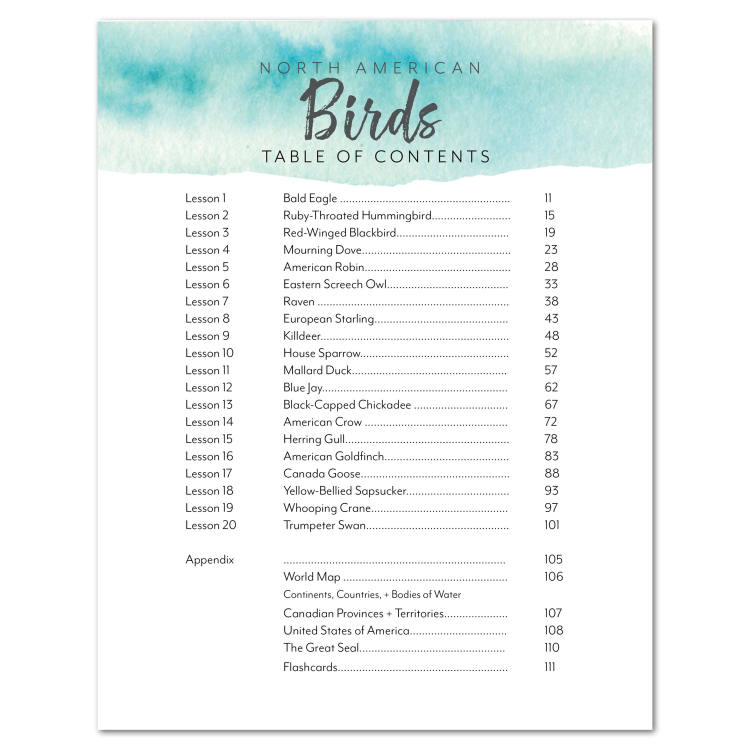 North America Birds part 1 homeschool unit study student workbook table of contents