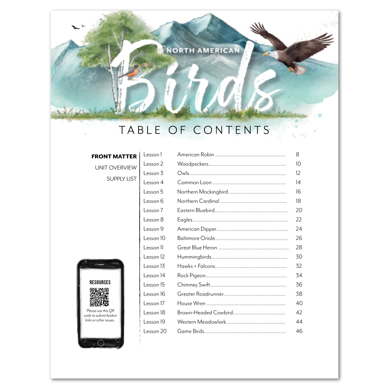 North American Birds part two homeschool unit study print unit planner table of contents