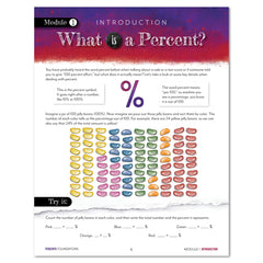 An educational math worksheet titled 'What is a Percent?' from Percents Foundations, featuring a colorful percentage concept diagram with rows of colored jellybeans and a 'Try it' section at the bottom.