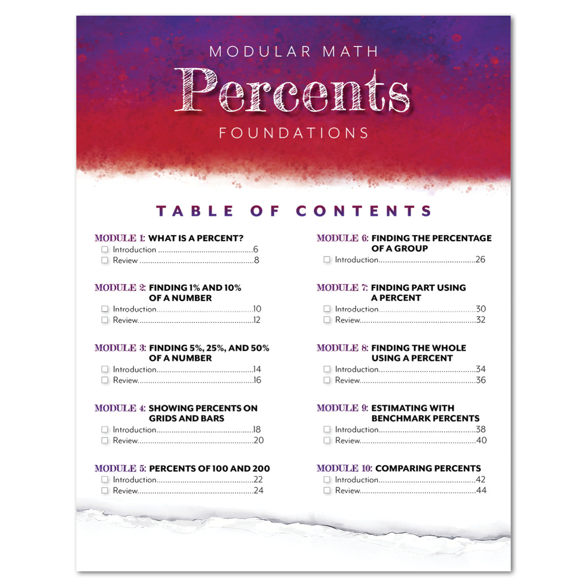 Table of contents page for a modular math curriculum titled 'Percents Foundations,' with a purple-to-white gradient header and black text listing modules on a white background with a torn-paper effect at the bottom.