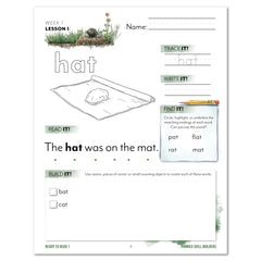 Ready to Read 1 Burrows and Holes Homeschool Unit Study Printed Phonics Skill Builders Week 1 Lesson 1 HAT