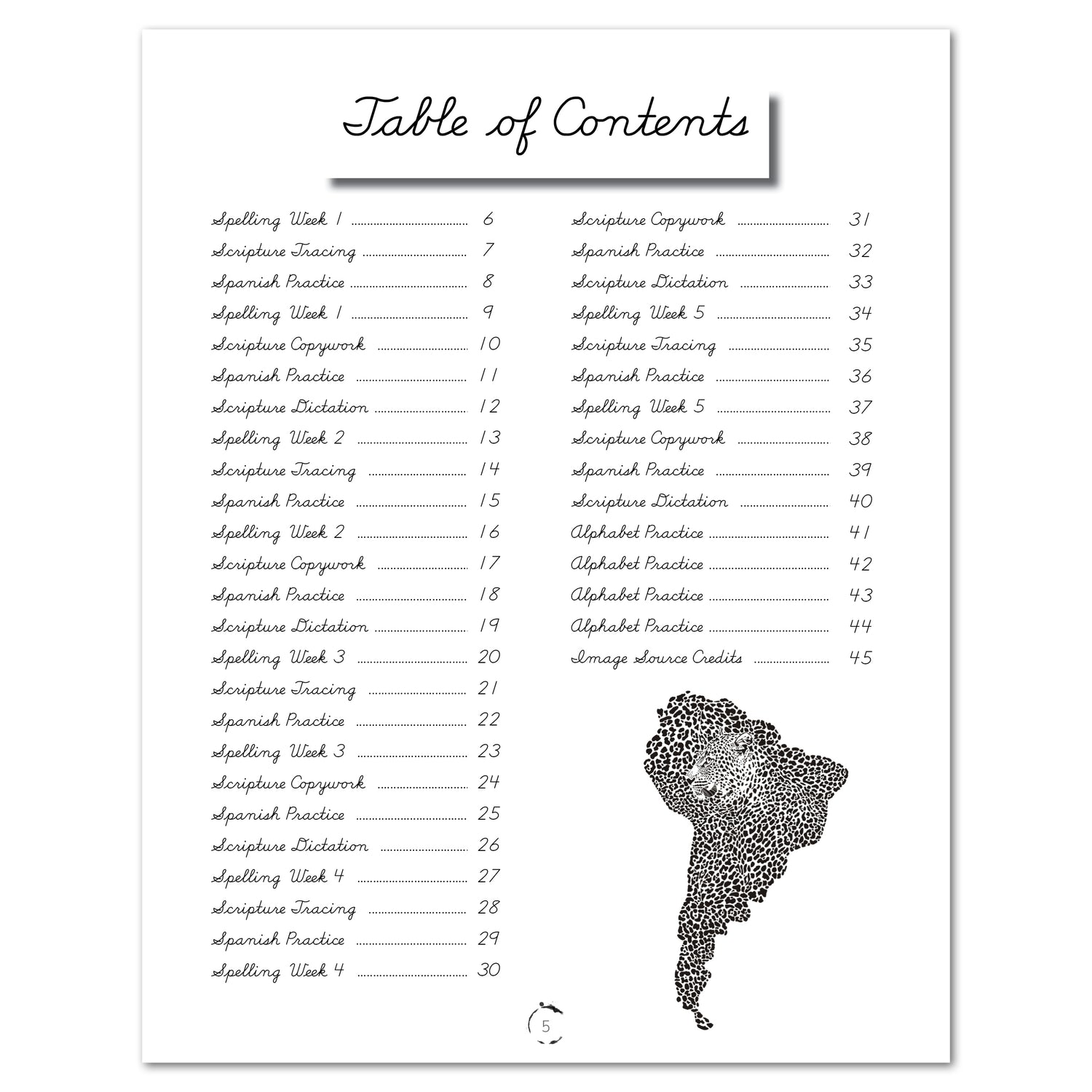 South America homeschool unit study printed student workbook Cursive table of contents