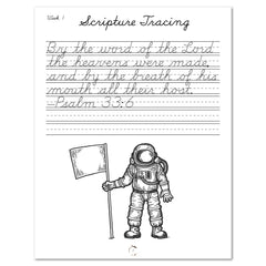 Space homeschool unit study digital student workbook, Cursive workbook scripture tracing worksheet 