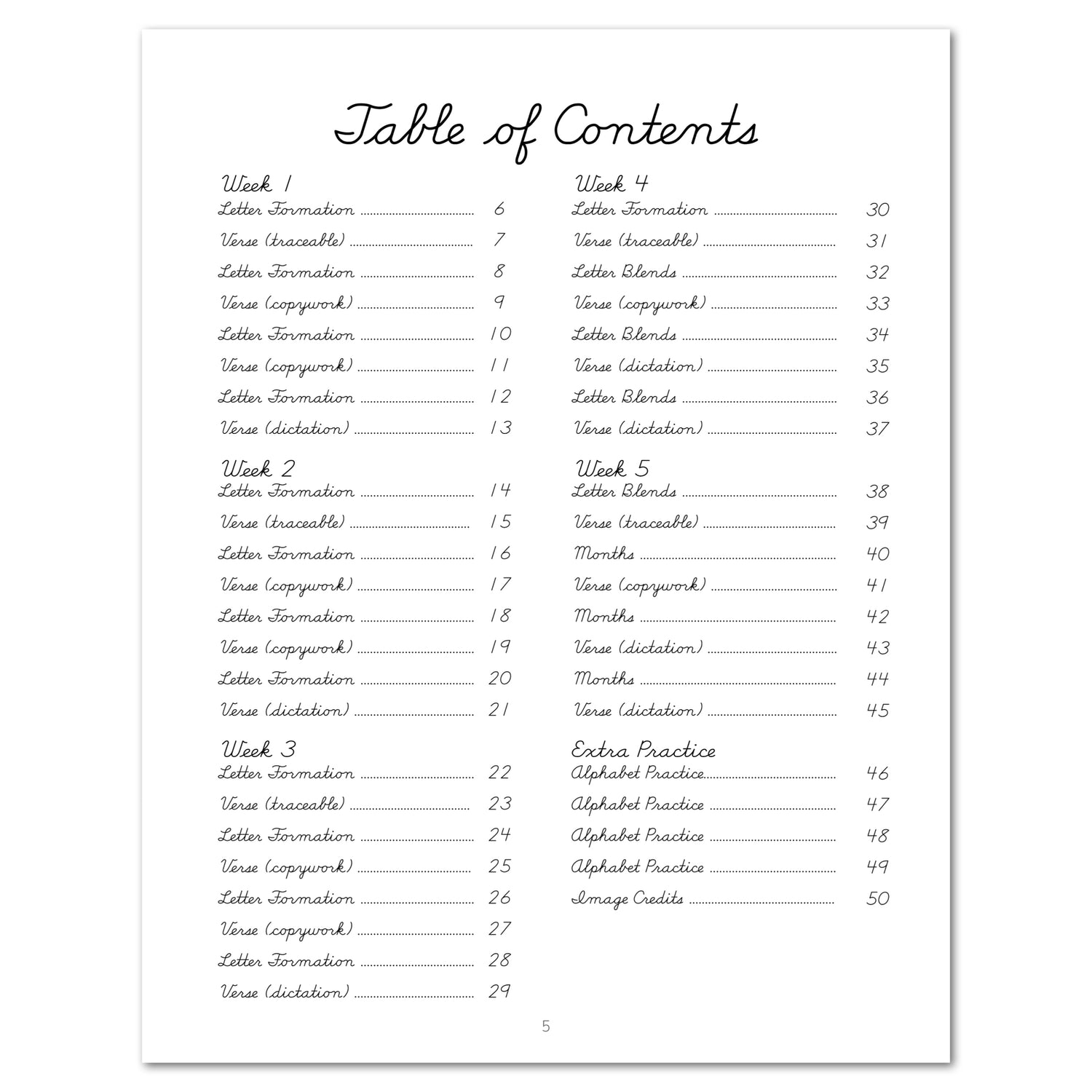 Space homeschool unit study digital student workbook, Cursive workbook table of contents 