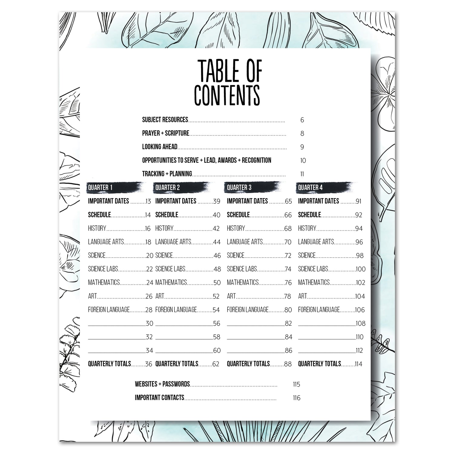 Student Tracker Journal in digital for homeschool table of contents