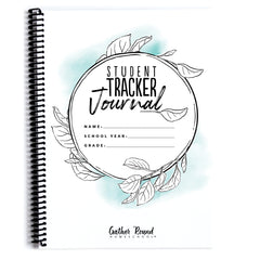 Cover for Student Tracker Journal decorated with circle graphic and leaf illustrations. 