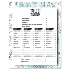 A printed table of contents sheet with black text on a white background, placed over a decorative floral backdrop with light blue and white botanical illustrations.