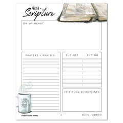 A student journal page titled 'Prayer + Scripture' with lined sections for prayers, praises, spiritual disciplines, and reflection prompts, decorated with a watercolor open book and a steaming mug.