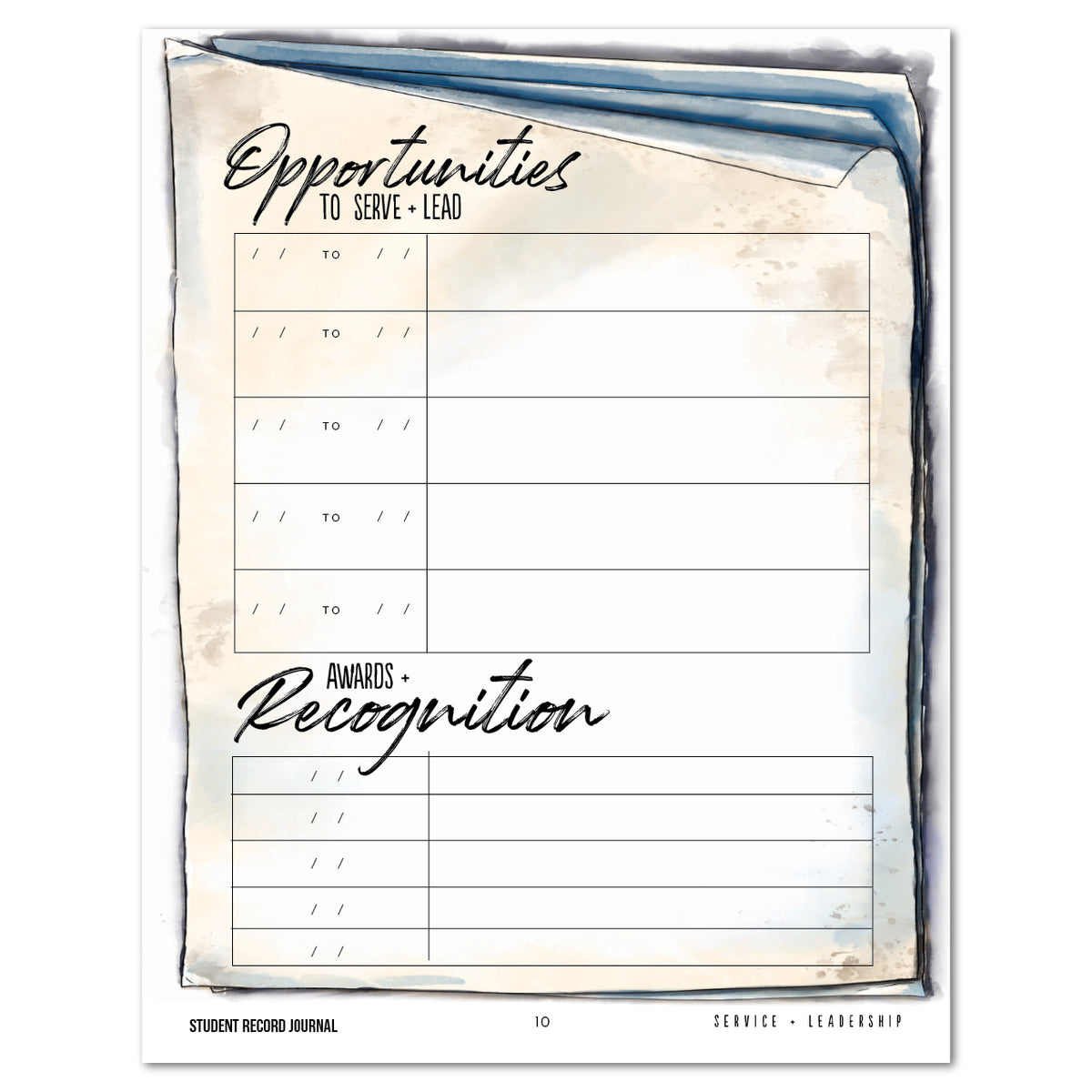 A student record journal page with a watercolor-style blue and beige border, featuring sections for 'Opportunities to Serve & Lead' and 'Recognition' with blank lines for writing.