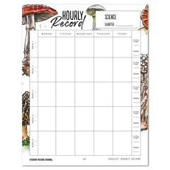 A student hourly record journal page with a white grid layout, titled 'HOURLY Record' and labeled 'SCIENCE' under 'HOURLY Record.' The page includes illustrated mushrooms on the borders and has fields for daily time totals and grades.