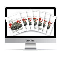 A computer monitor displays a fan of book covers titled "War and Reformation Teacher's Guide" with an illustration of a military tank and red poppies. 