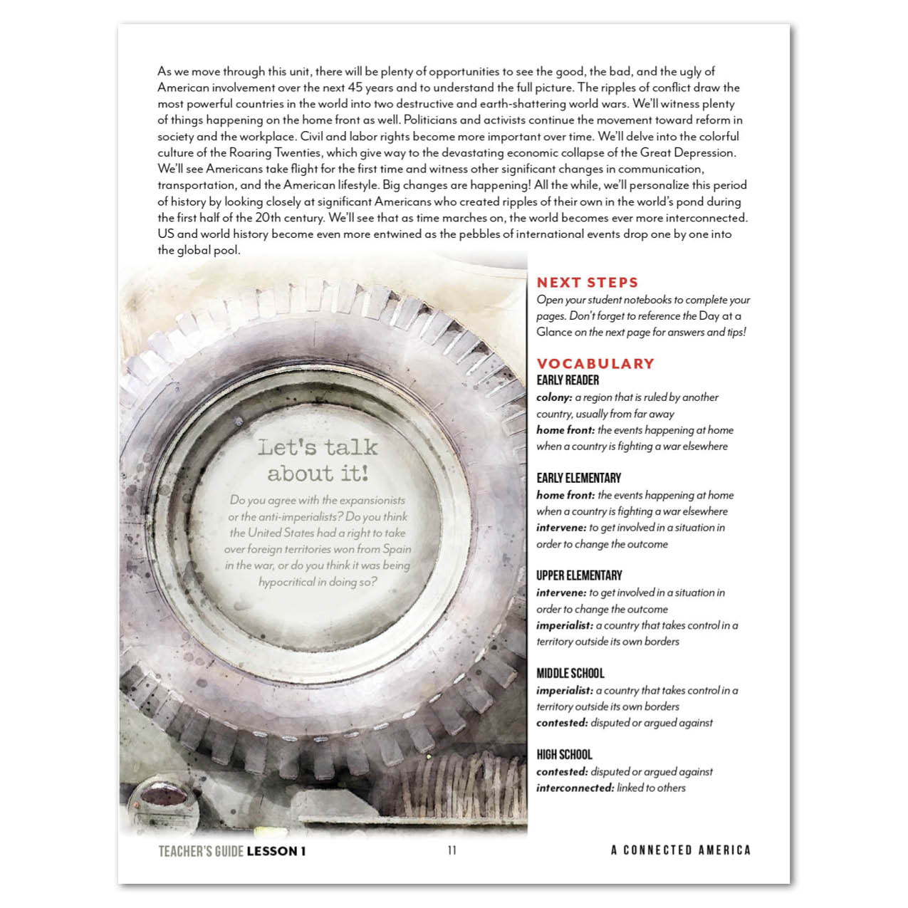 A printed educational lesson page titled 'Teacher's Guide Lesson 11' with a large photo of a tire.