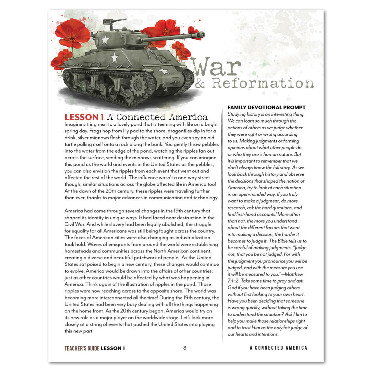 A printed educational page titled 'War and Reformation' with text sections and an illustration of a tank and poppies