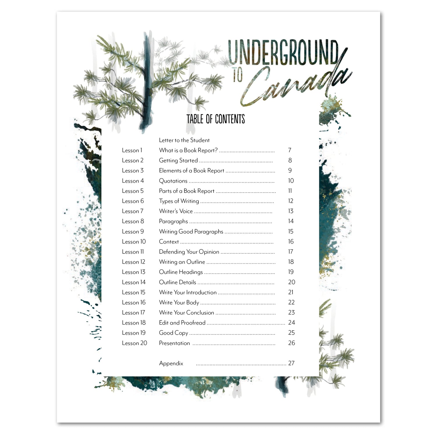 Underground to Canada Book Report Writing Track Homeschool Unit Study Printed Student Book Table of Contents