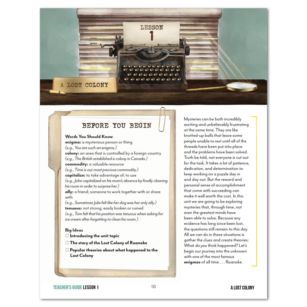 Unsolved Mysteries Homeschool Unit Study Digital Teacher's Guide Lesson 1 A Lost Colony Part 1
