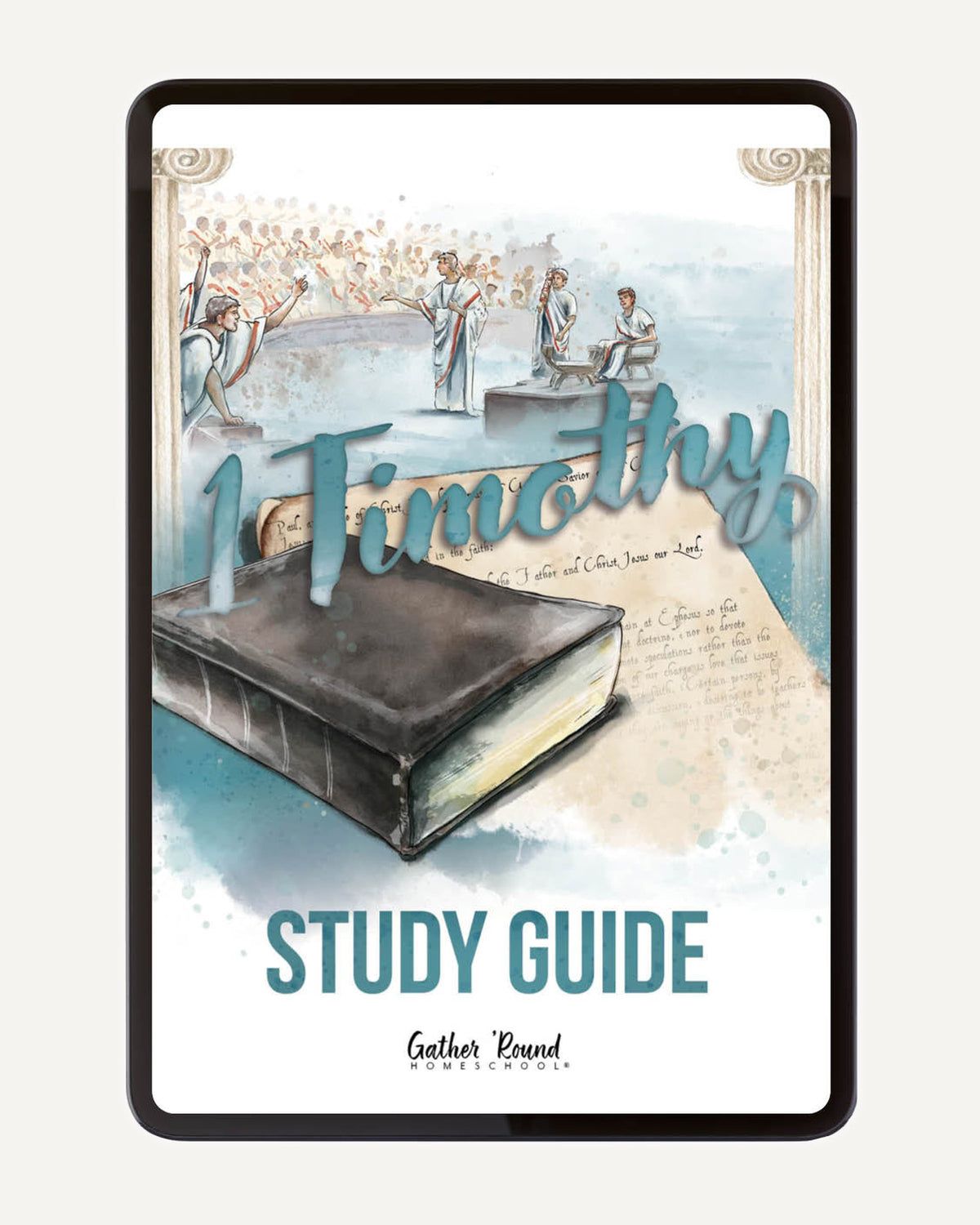 Study guide cover with illustration of a Bible and people, titled 'Timothy Study Guide'.
