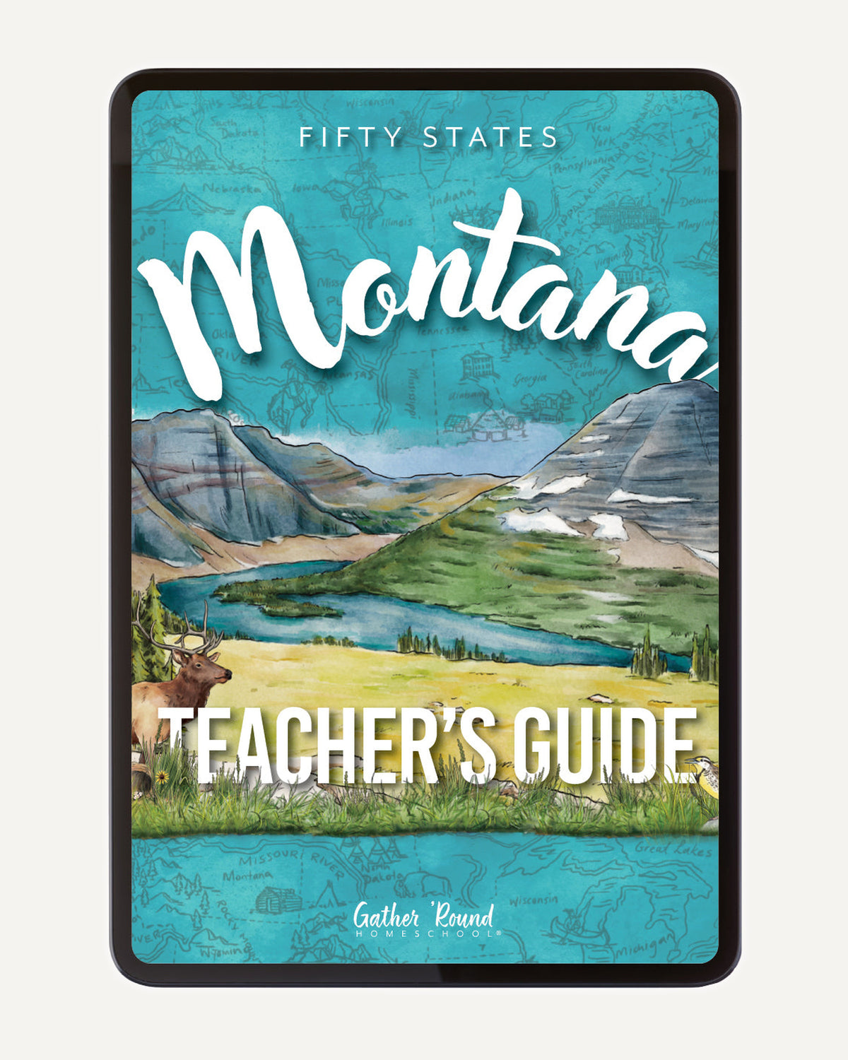 Digital cover of Montana Teacher's Guide featuring illustrated scene of mountains, water, and an elk.