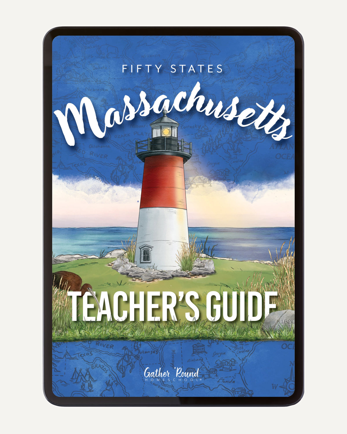 Digital Teacher's Guide for Massachusetts with a lighthouse illustration on a blue background