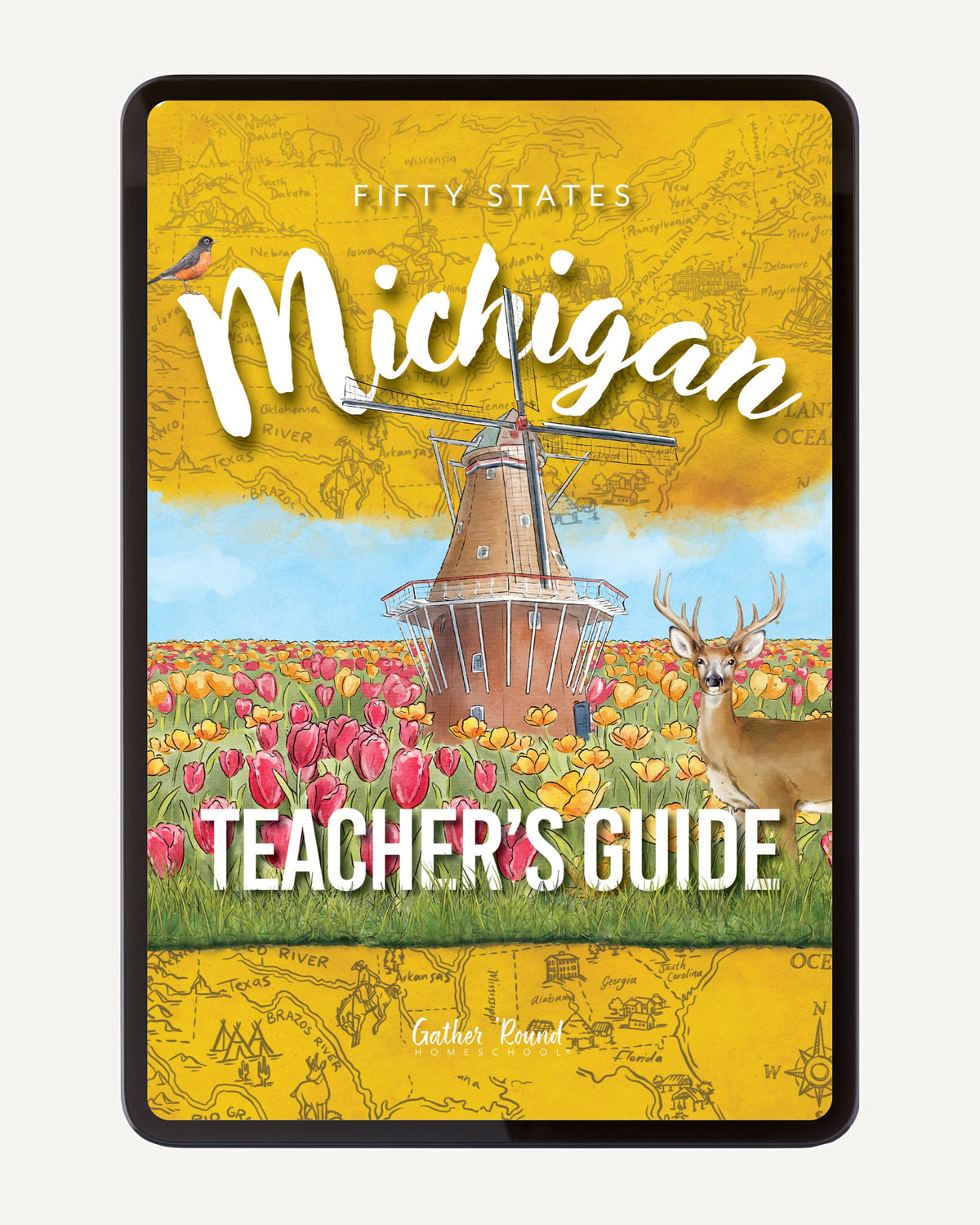 Teacher's Guide cover with Michigan theme, windmill, tulips, and deer.