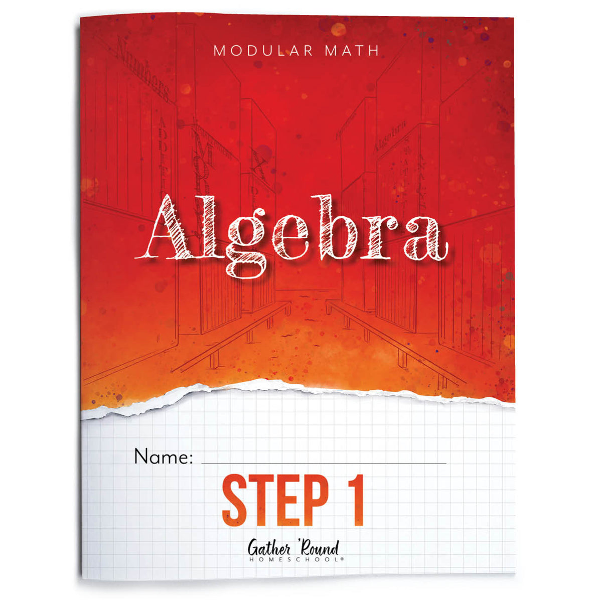 Book cover for Algebra Step 1. The cover has a red-to-orange gradient upper section with white text, a torn-paper effect, and a white grid-pattern lower section.