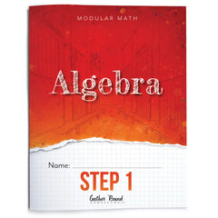 Book cover for Algebra Step 1. The cover has a red-to-orange gradient upper section with white text, a torn-paper effect, and a white grid-pattern lower section.