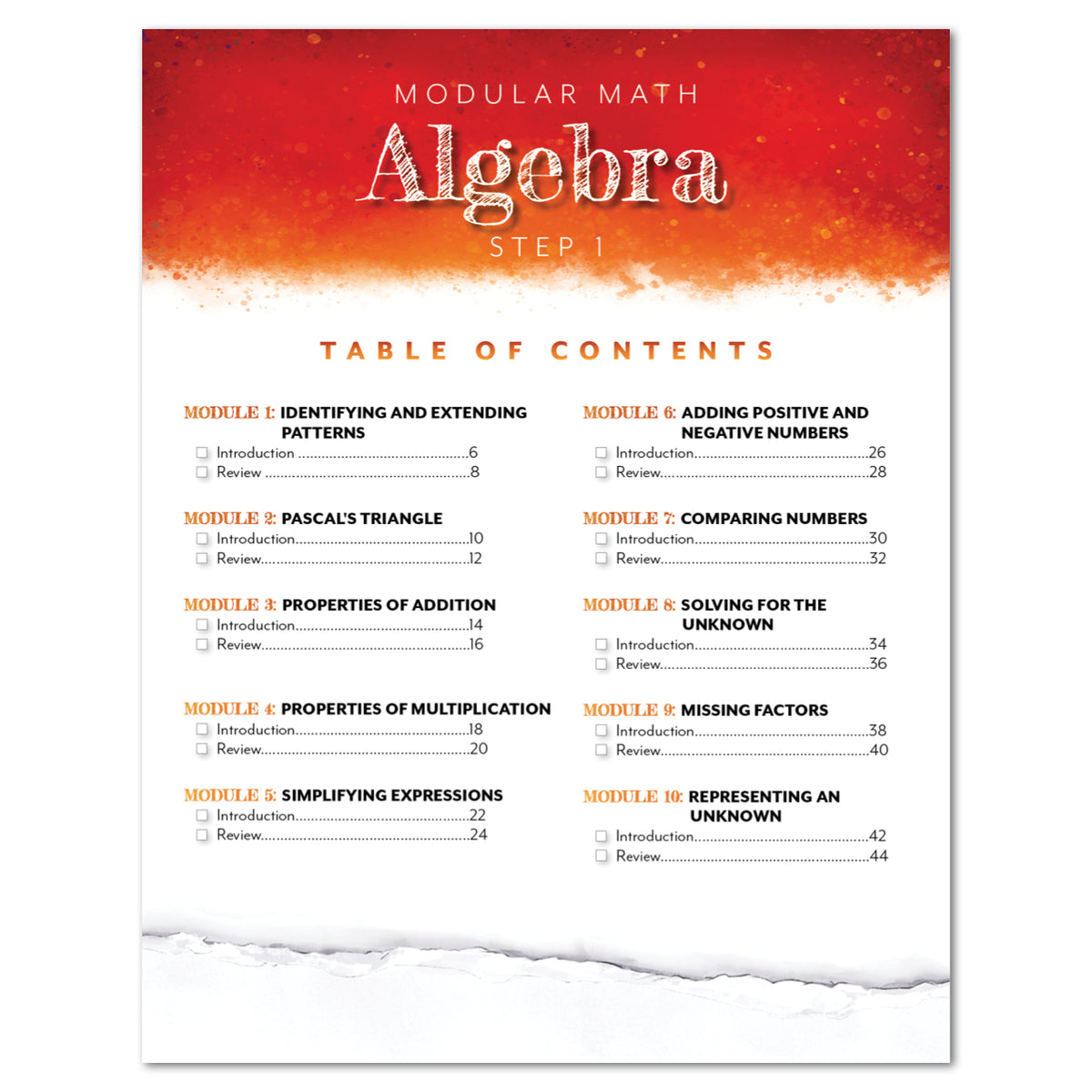 A table of contents page for a Modular Math Algebra Step 1 educational booklet, featuring a red and orange textured header, black text on a white page, and a torn-paper effect at the bottom.