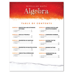 A table of contents page for a Modular Math Algebra Step 1 educational booklet, featuring a red and orange textured header, black text on a white page, and a torn-paper effect at the bottom.