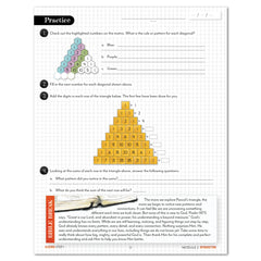 A worksheet page titled 'Practice' showing a colorful triangular number grid with numbered questions about patterns and sums, plus a small 'Bible Break' section at the bottom.