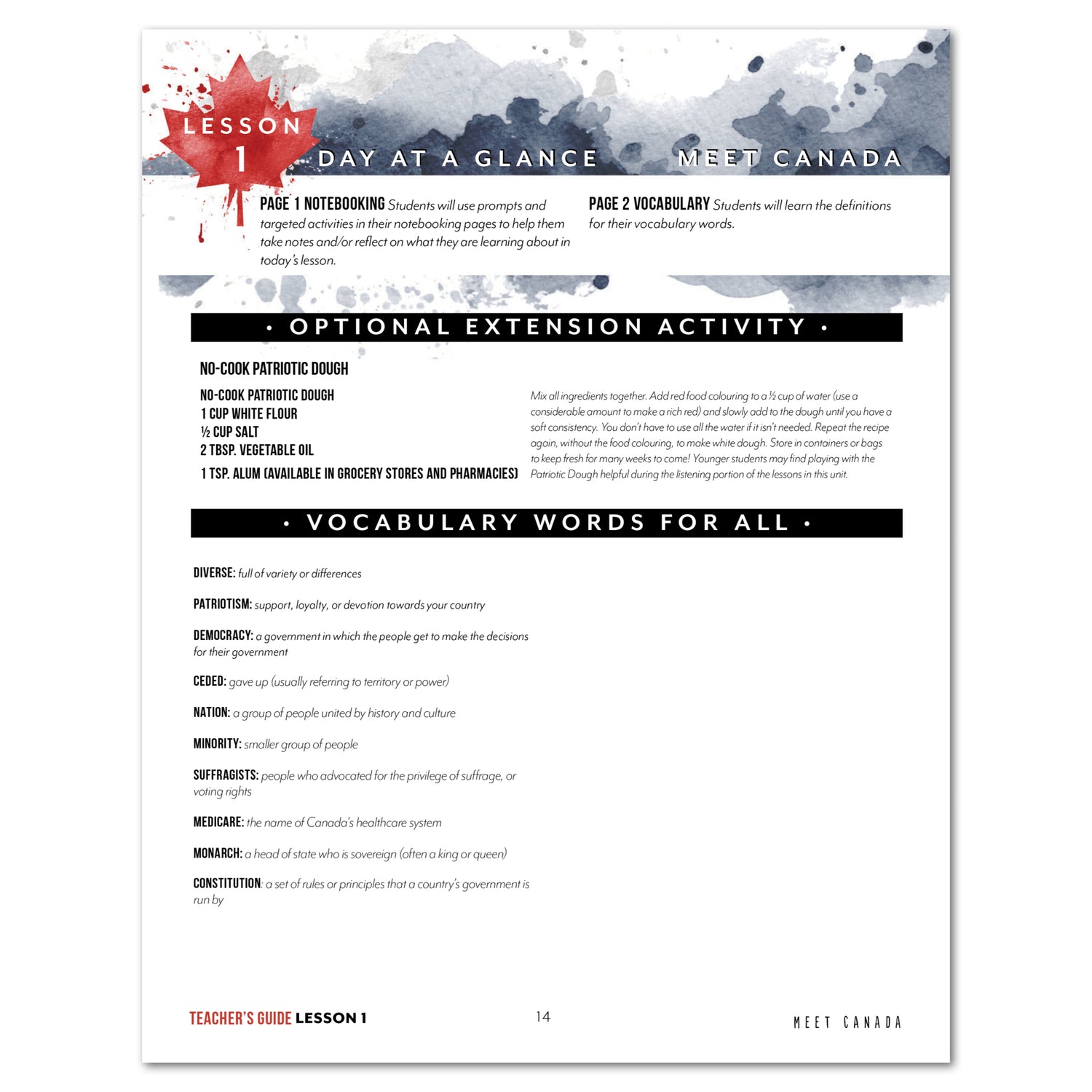 Canadian Government Homeschool Unit Study Digital Teacher's Guide Daily Lesson 1 Day at a Glance