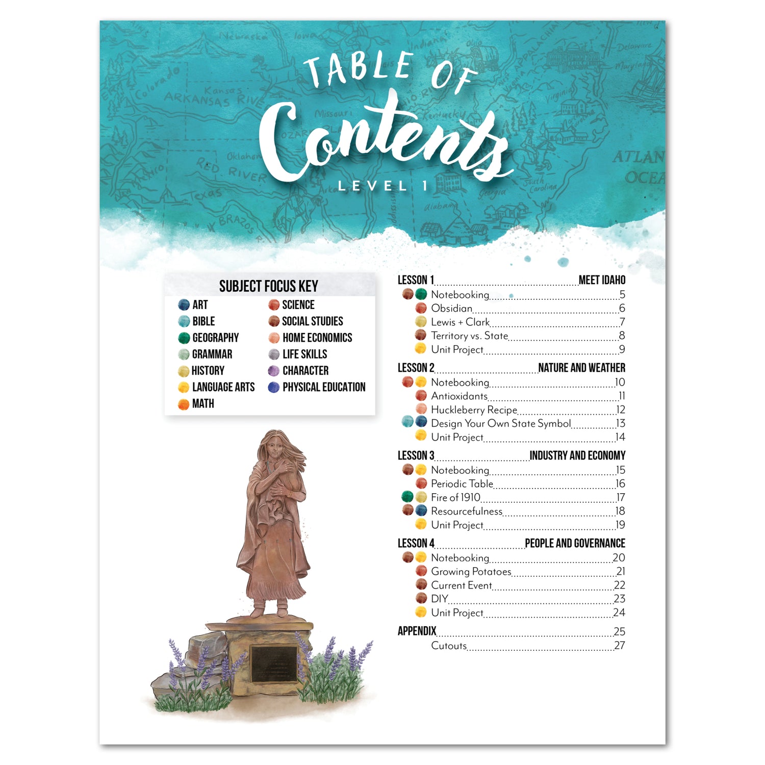 Idaho Fifty States Homeschool Unit Study Printed Student Book Level 1 Tabel of Contents