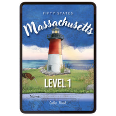 Digital book cover of 'Fifty States: Massachusetts' Level 1 with a lighthouse illustration on a blue background.
