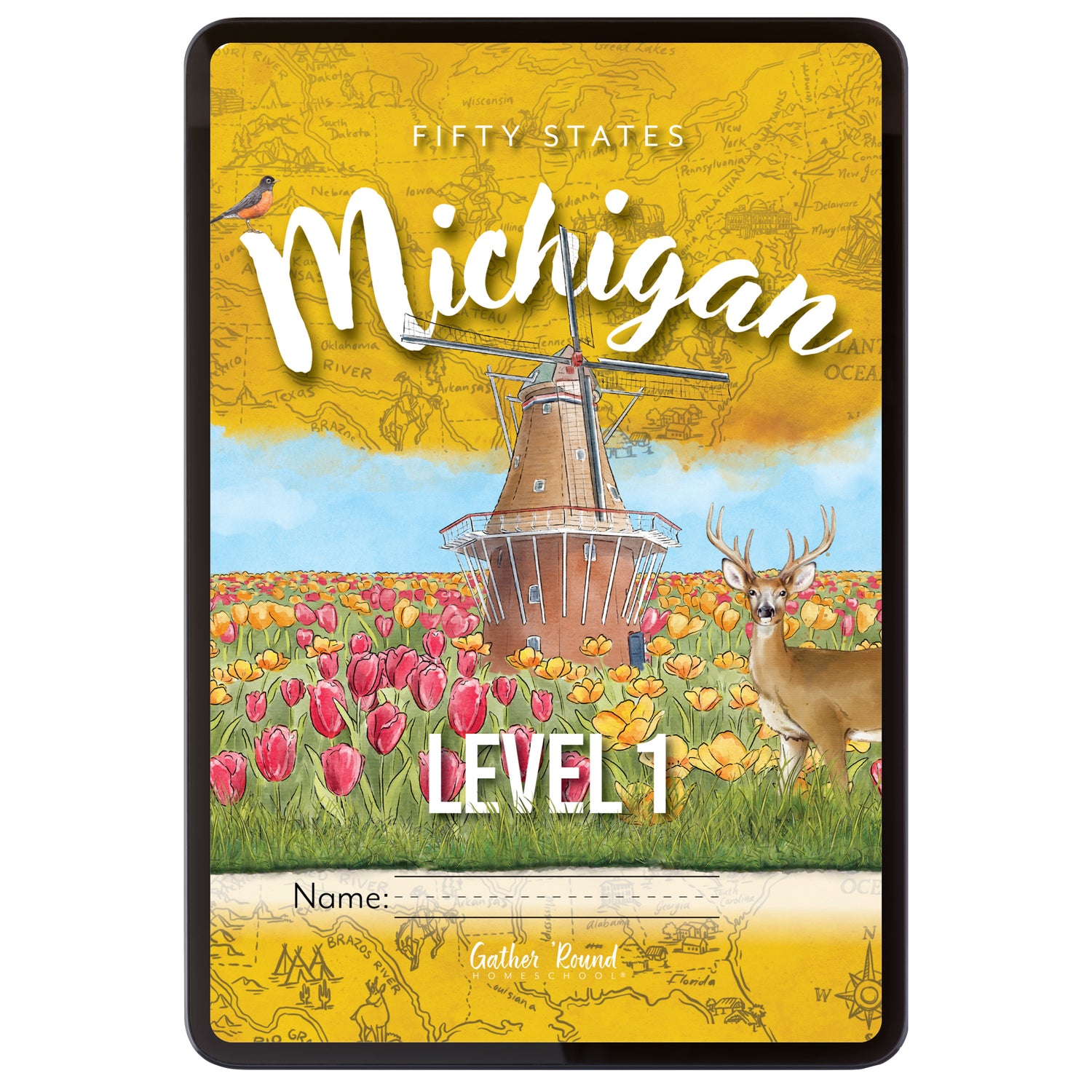 Digital book cover image with a windmill, tulips, and deer in a field on a yellow background with 'Michigan' text.