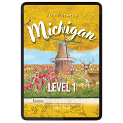 Digital book cover image with a windmill, tulips, and deer in a field on a yellow background with 'Michigan' text.