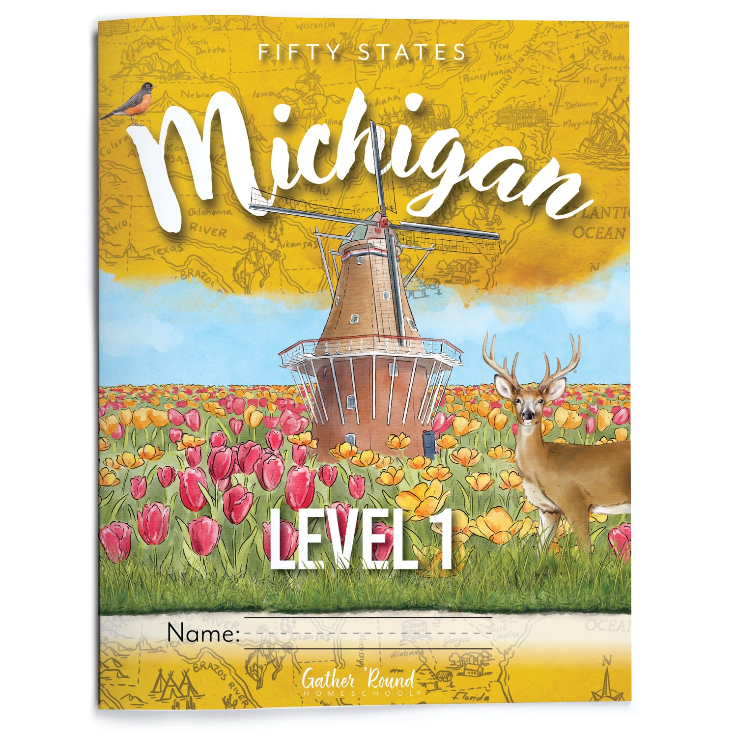 Book cover of 'Fifty States Michigan Level 1' with a windmill and deer illustration on a yellow background.