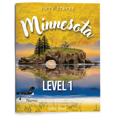 Book cover of 'Fifty States Minnesota Level 1' with a scenic illustration of a lake and trees.