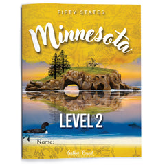 Book cover of 'Fifty States Minnesota Level 2' with a scenic illustration of a lake and trees.