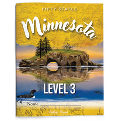 Book cover of 'Fifty States Minnesota Level 3' with a scenic illustration of a lake and trees.