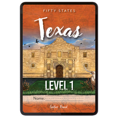 Digital book cover featuring an illustrated Alamo scene, the words 'FIFTY STATES TEXAS LEVEL 1,' and a name field at the bottom.