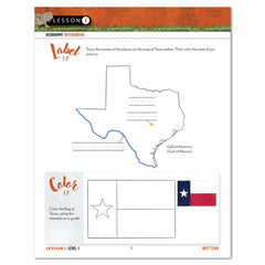 Lesson 1 Level 1 Geography Notebook worksheet page titled 'Meet Texas' showing a map outline of Texas with tracing lines, a Gulf of Mexico label, and a Texas flag coloring guide on a white page with an orange header.