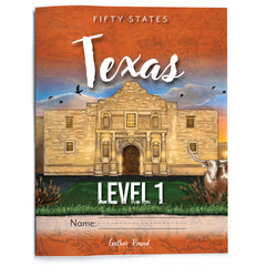Book cover featuring an illustrated Alamo scene, the words 'FIFTY STATES TEXAS LEVEL 1,' and a name field at the bottom.