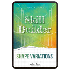 Digital book cover of 'Skill Builder: Shape Variations' with geometric design and text on a colorful background.