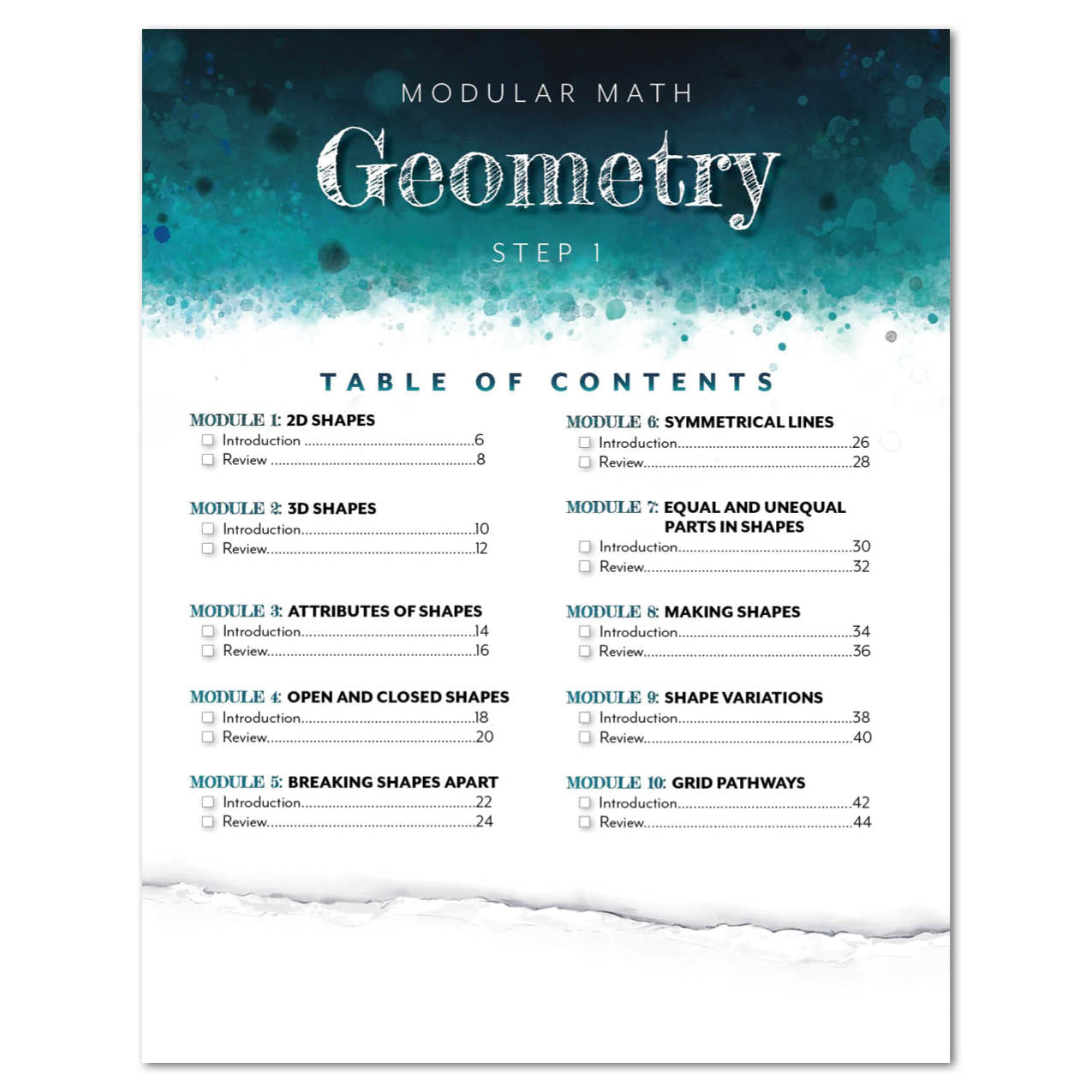 Geometry step 1 table of contents with a blue and white abstract design